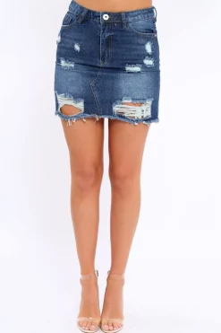 Rebellious Fashion Dark Denim Extreme Distressed Skirt - Harlow