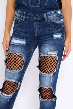 Rebellious Fashion Dark Denim Fishnet Dungarees - Aily
