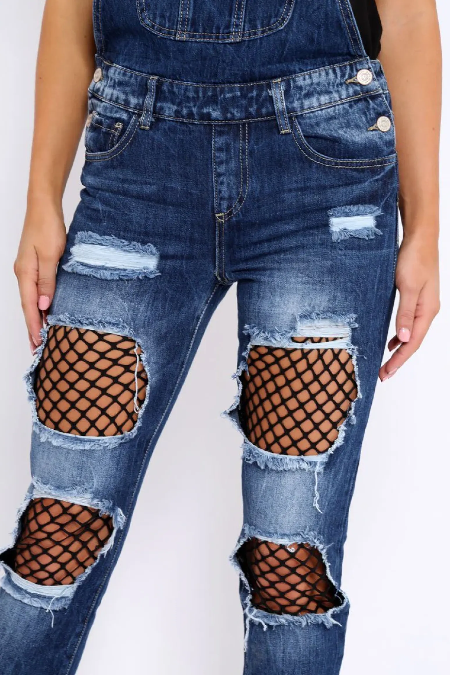 Rebellious Fashion Dark Denim Fishnet Dungarees - Aily