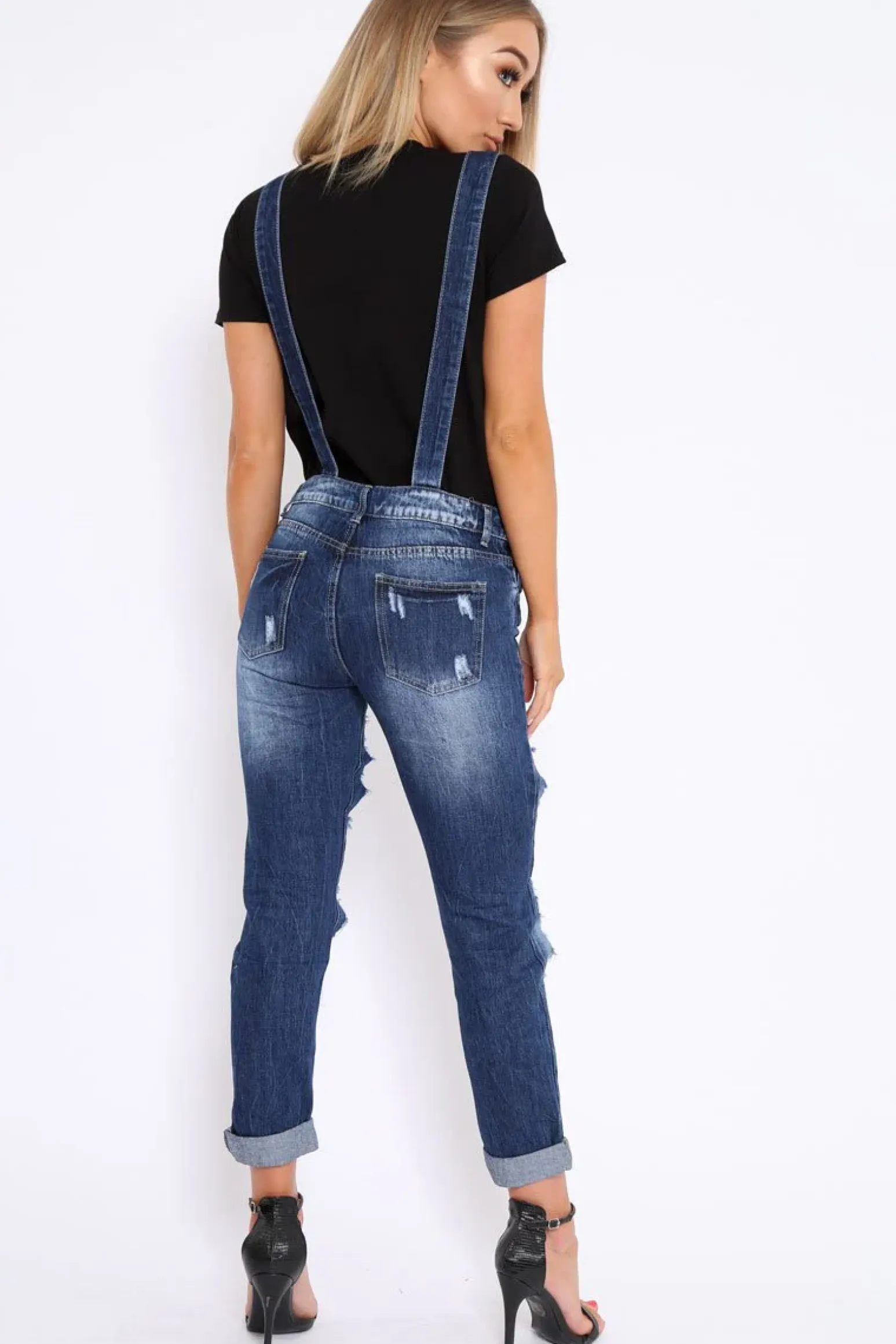 Rebellious Fashion Dark Denim Fishnet Dungarees - Aily