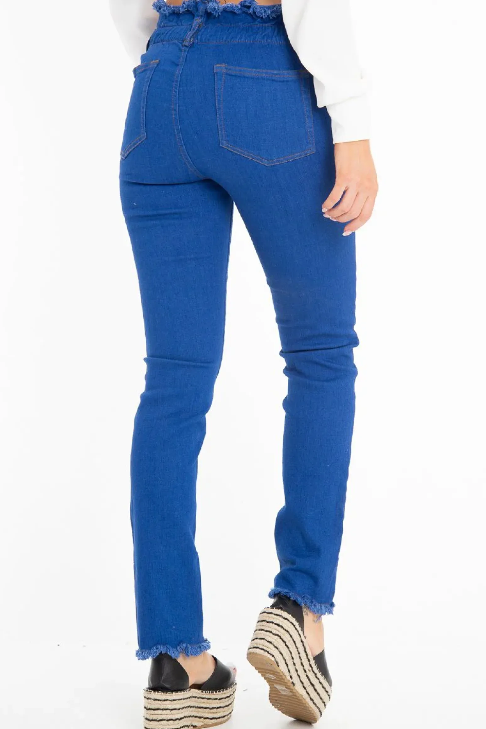 Rebellious Fashion Dark Denim High Waist Frilled Hem Paperbag Jeans - Cataleyah