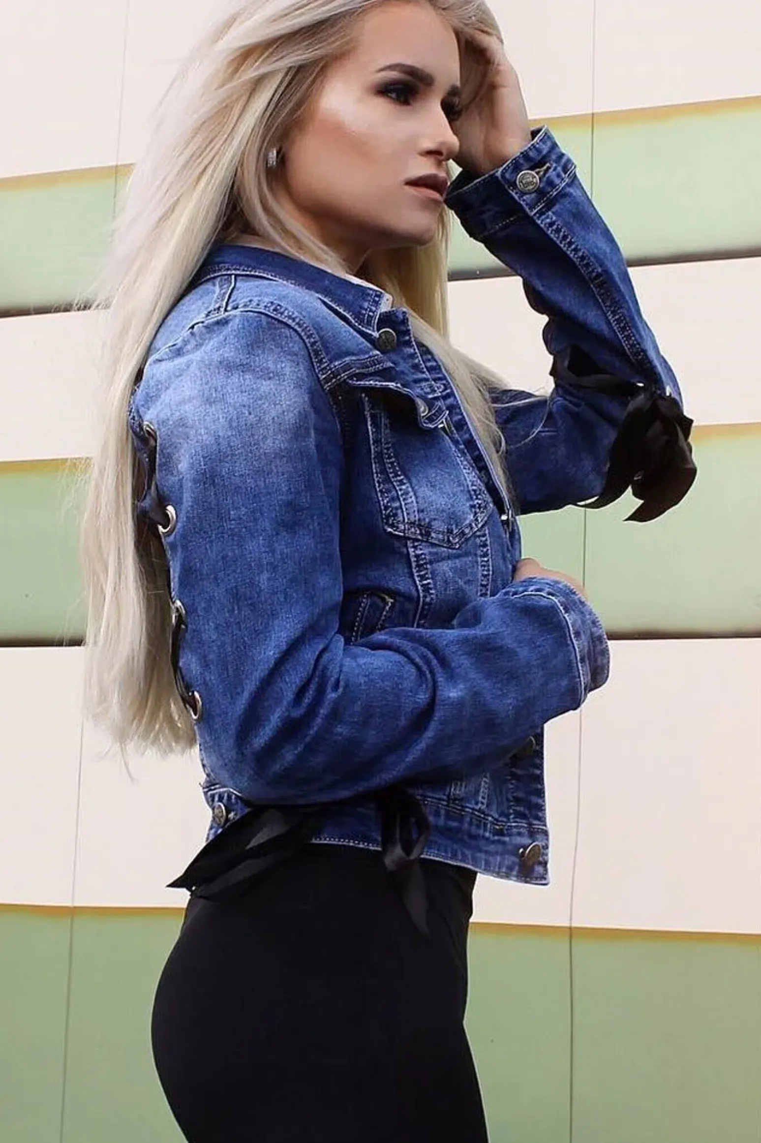 Rebellious Fashion Dark Denim Lace Back Jacket - Kiera