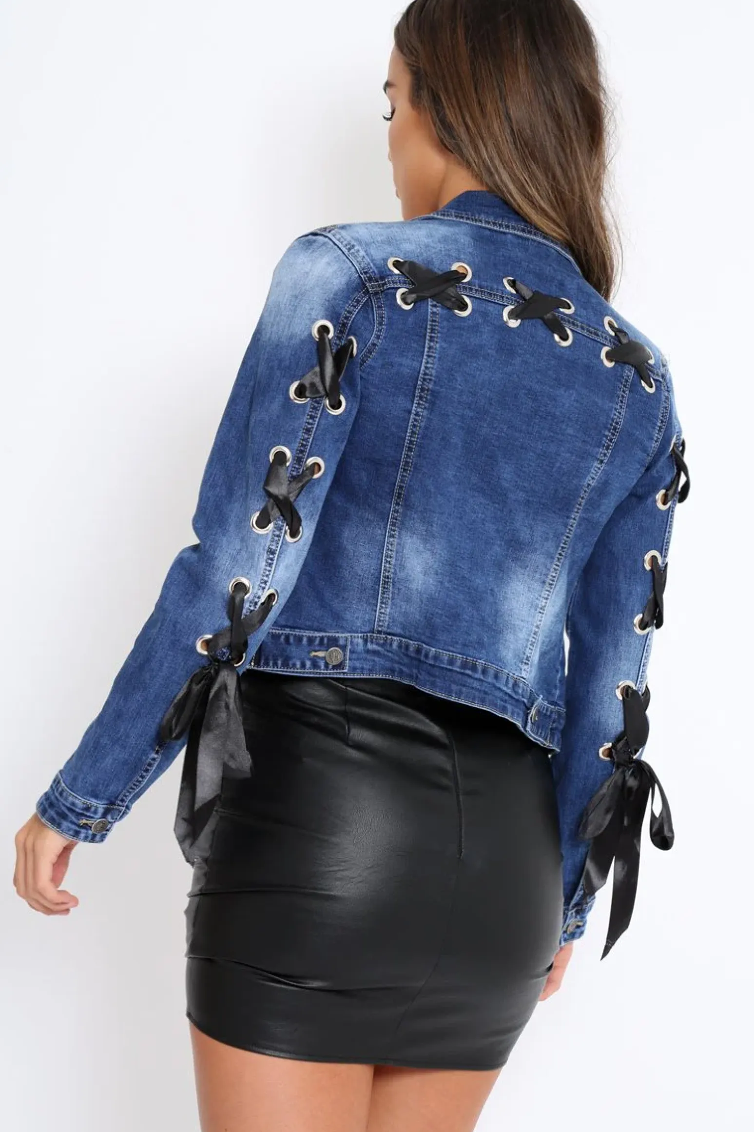 Rebellious Fashion Dark Denim Lace Back Jacket - Kiera