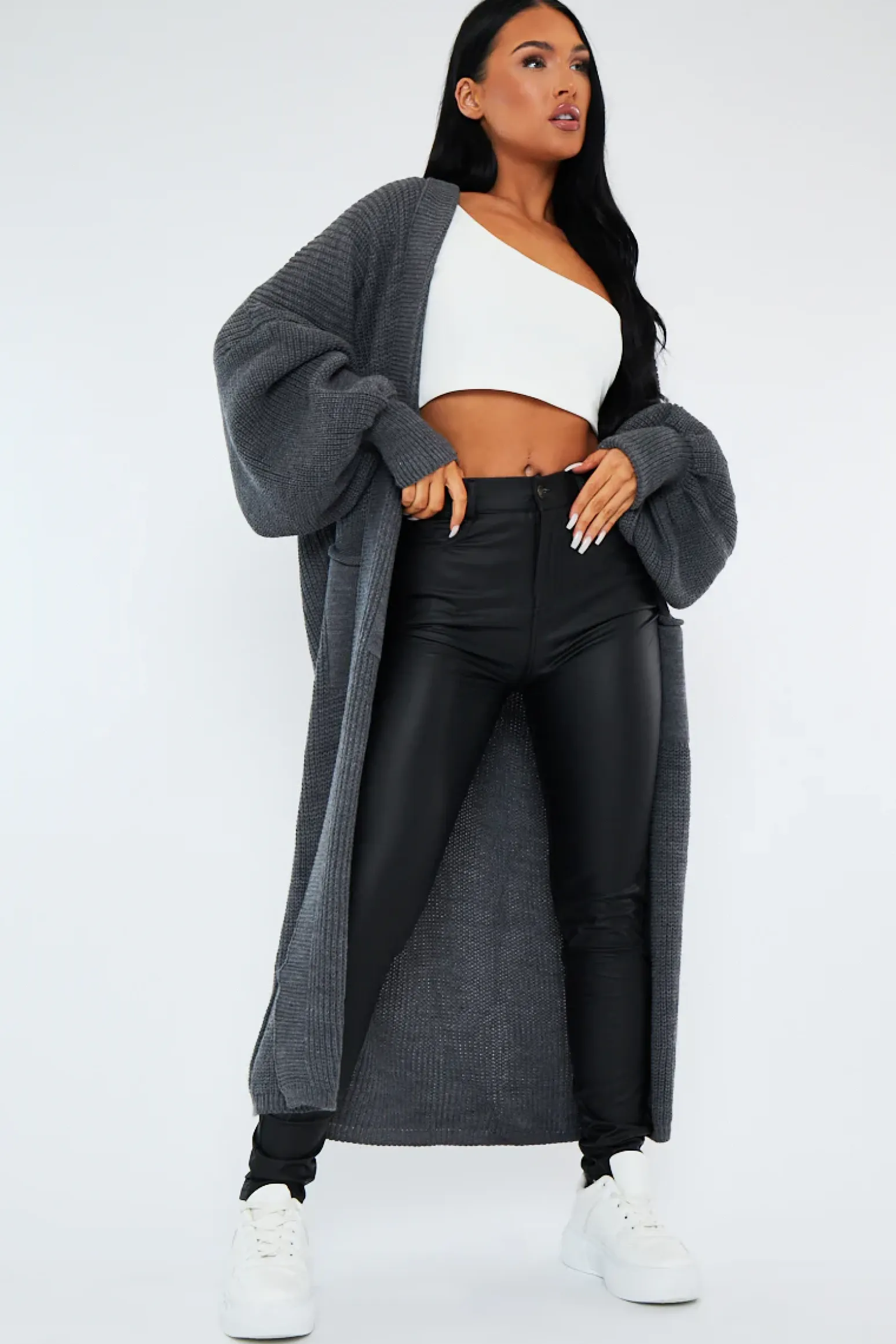Rebellious Fashion Dark Grey Balloon Sleeve Maxi Knit Cardigan - Imara