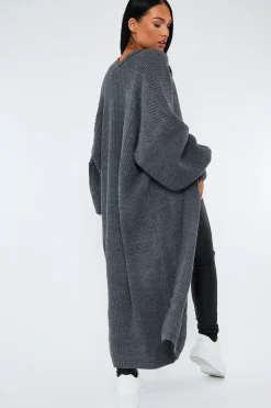 Rebellious Fashion Dark Grey Balloon Sleeve Maxi Knit Cardigan - Imara