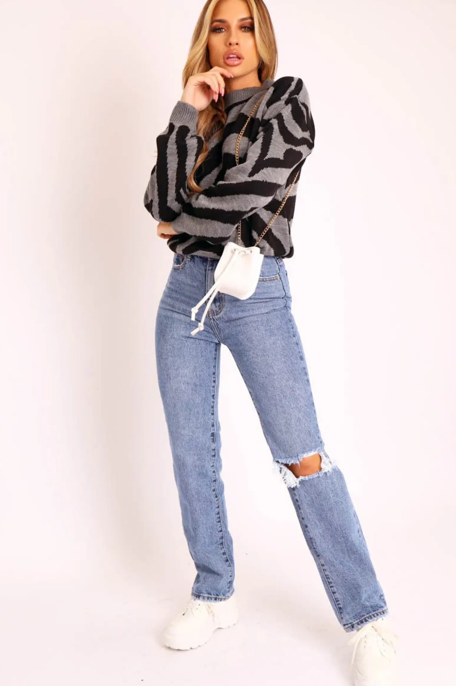 Rebellious Fashion Dark Grey Black Abstract Print Knit Jumper - Palyn