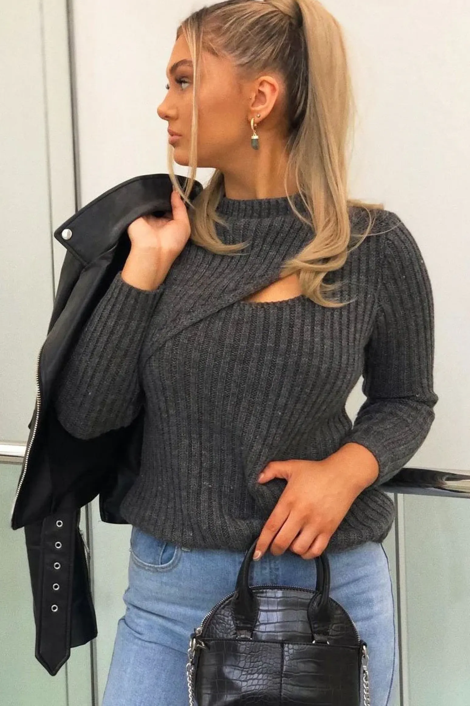 Rebellious Fashion Dark Grey Chest Cut Out Knit Jumper - Heather