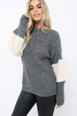 Rebellious Fashion Dark Grey Chunky Knit Fur Sleeve Jumper - Kimberly