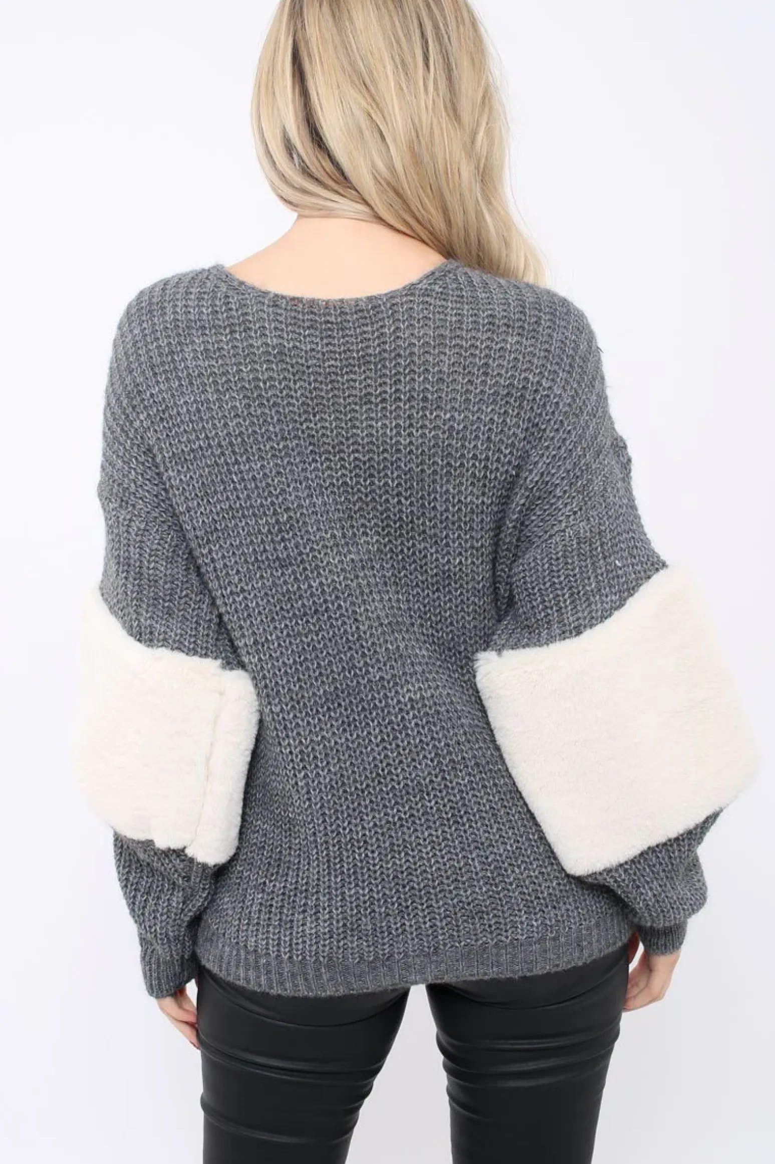 Rebellious Fashion Dark Grey Chunky Knit Fur Sleeve Jumper - Kimberly