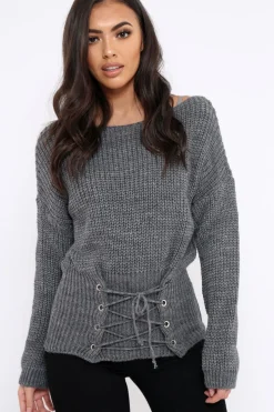 Rebellious Fashion Dark Grey Corset Waist Knitted Jumper - Elizabeth