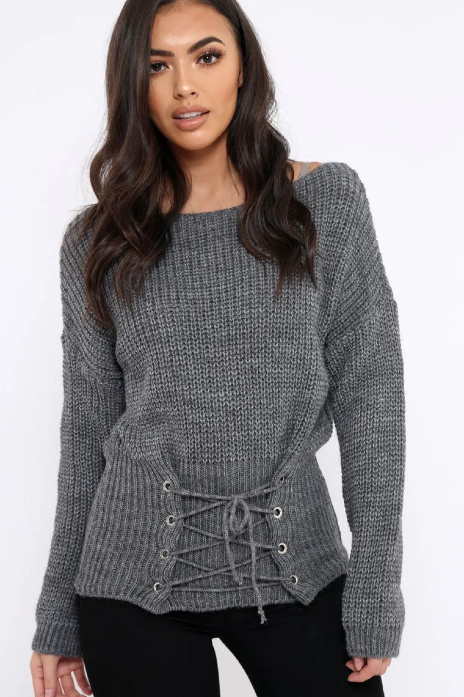 Rebellious Fashion Dark Grey Corset Waist Knitted Jumper - Elizabeth