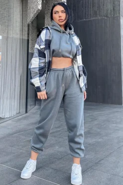 Rebellious Fashion Dark Grey Cropped Oversized Hoodie and Joggers Co-ord - Karenza