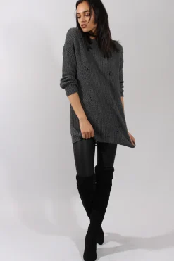 Rebellious Fashion Dark Grey Knitted Distressed Back Jumper Dress - Cara
