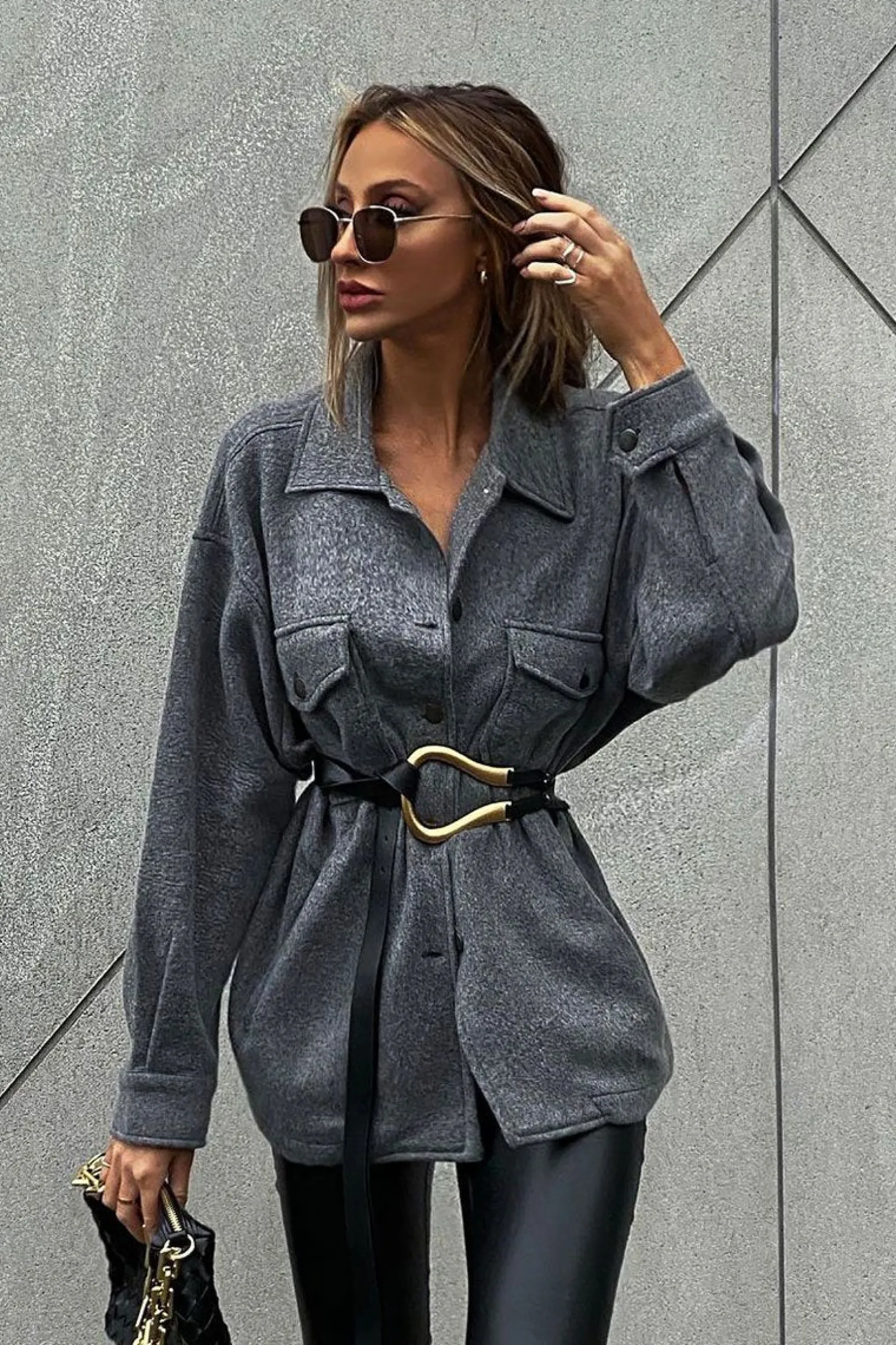 Rebellious Fashion Dark Grey Pocket Oversized Brushed Shacket - Caley