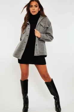 Rebellious Fashion Dark Grey Pocket Oversized Brushed Shacket - Caley