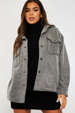 Rebellious Fashion Dark Grey Pocket Oversized Brushed Shacket - Caley