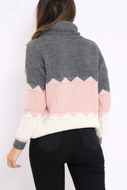 Rebellious Fashion Dark Grey Rose and Cream ZigZag Patterned Roll Neck Jumper - Nataley
