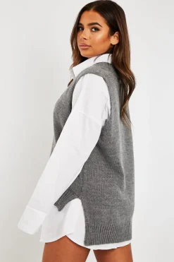 Rebellious Fashion Dark Grey Shirt Insert Knit Vest Top - Caris
