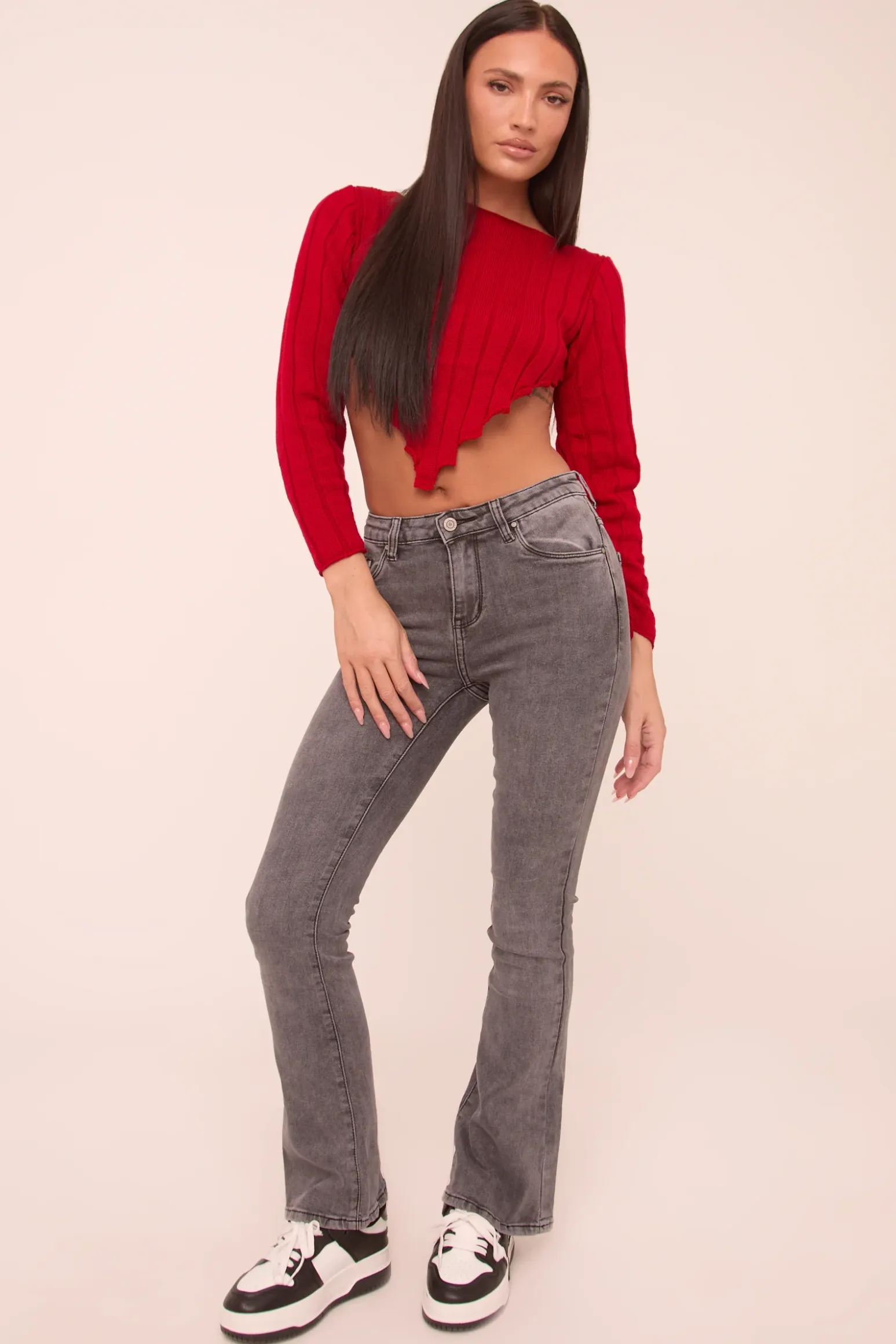 Rebellious Fashion Dark Grey Stretch Mid Waist Kick Flare Denim Jeans - Aspen