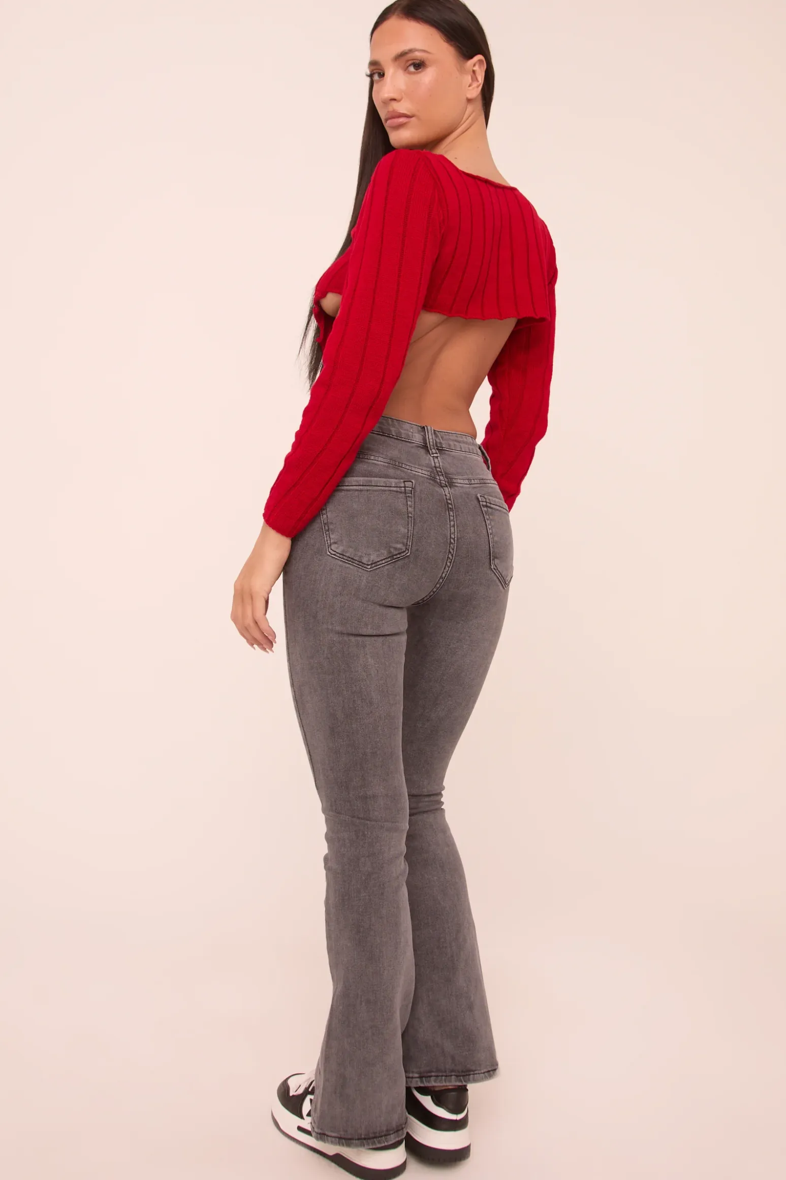 Rebellious Fashion Dark Grey Stretch Mid Waist Kick Flare Denim Jeans - Aspen