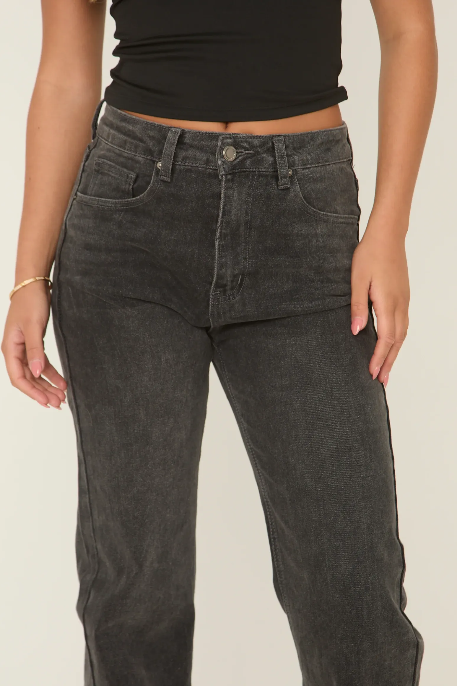 Rebellious Fashion Dark Grey Stretch Mid Waist Straight Leg Denim Jeans - Lorella