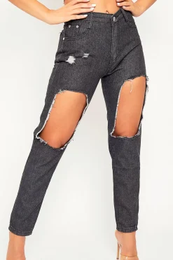 Rebellious Fashion Dark Grey Thigh Rip Mom Jeans - Ellisen