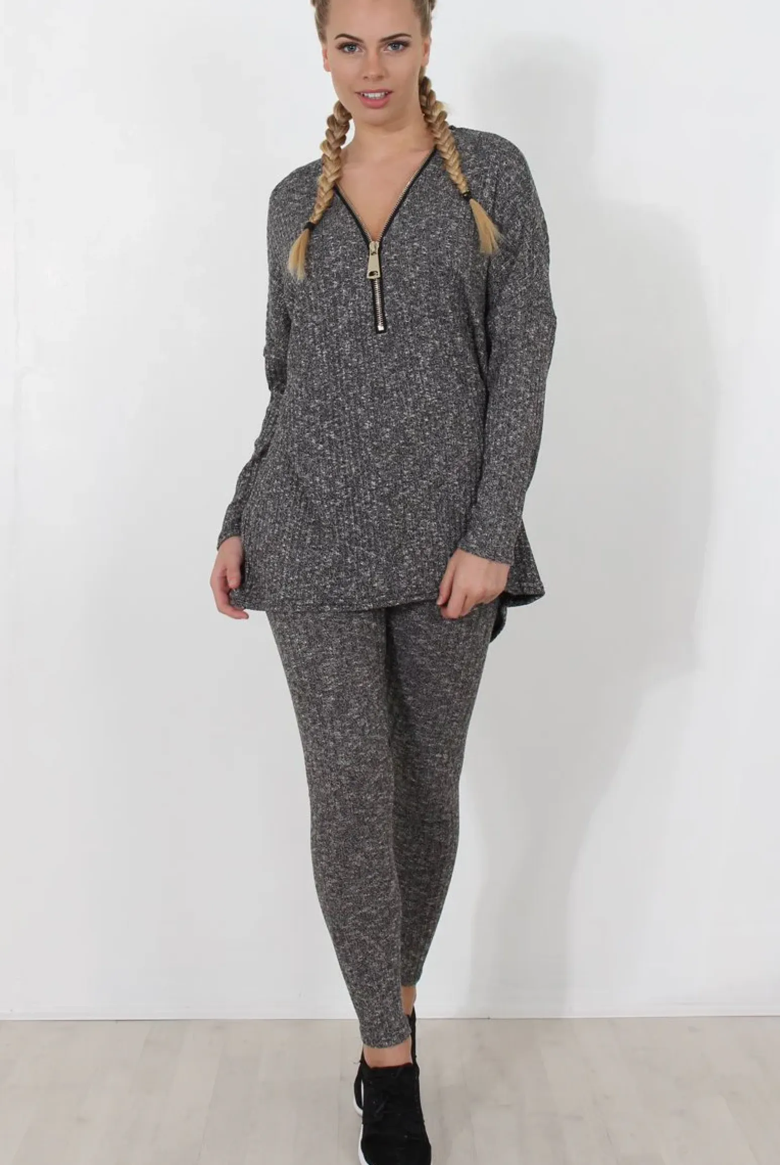 Rebellious Fashion Dark Grey V Neck Loungewear Set - Charlene