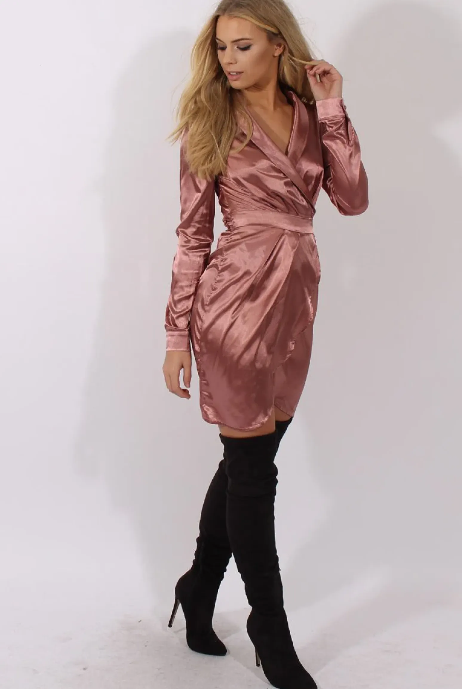 Rebellious Fashion Dark Pink Satin Wrap Dress - Jolene