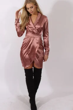 Rebellious Fashion Dark Pink Satin Wrap Dress - Jolene