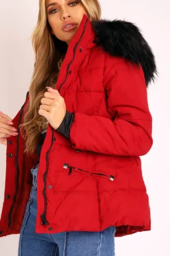 Rebellious Fashion Dark Red Fur Trim Adjustable Waist Puffer Coat - Rossie