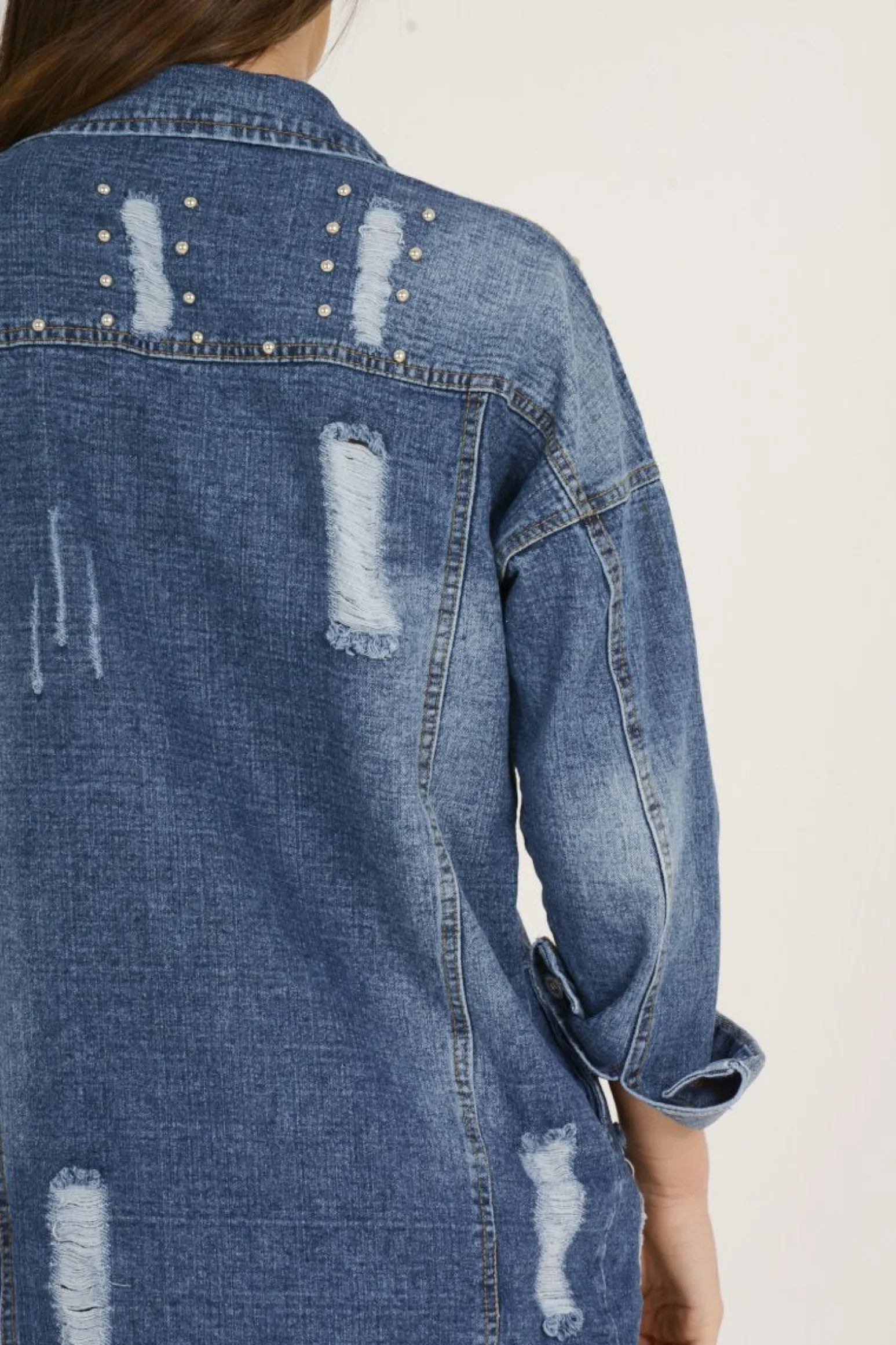 Rebellious Fashion Dark Studded Distressed Oversized Denim Jacket - Barbara