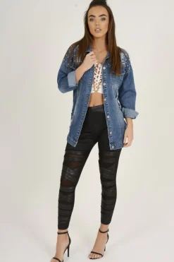 Rebellious Fashion Dark Studded Distressed Oversized Denim Jacket - Barbara