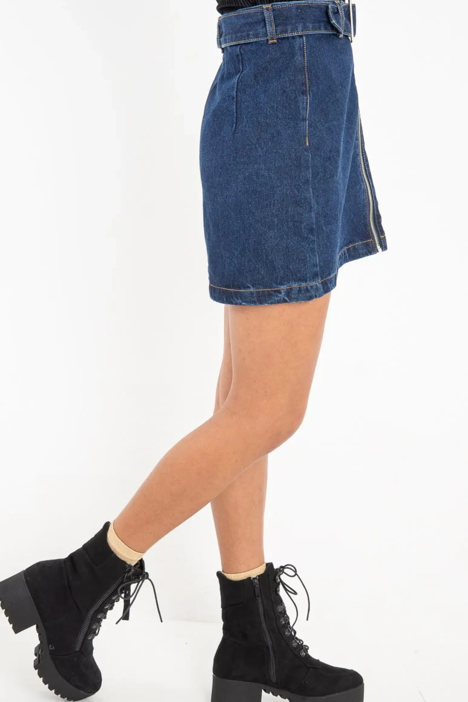 Rebellious Fashion Dark Wash Belted Denim Mini Skirt - Espen
