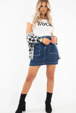 Rebellious Fashion Dark Wash Contrast Stitch Denim Mini Skirt - Remee