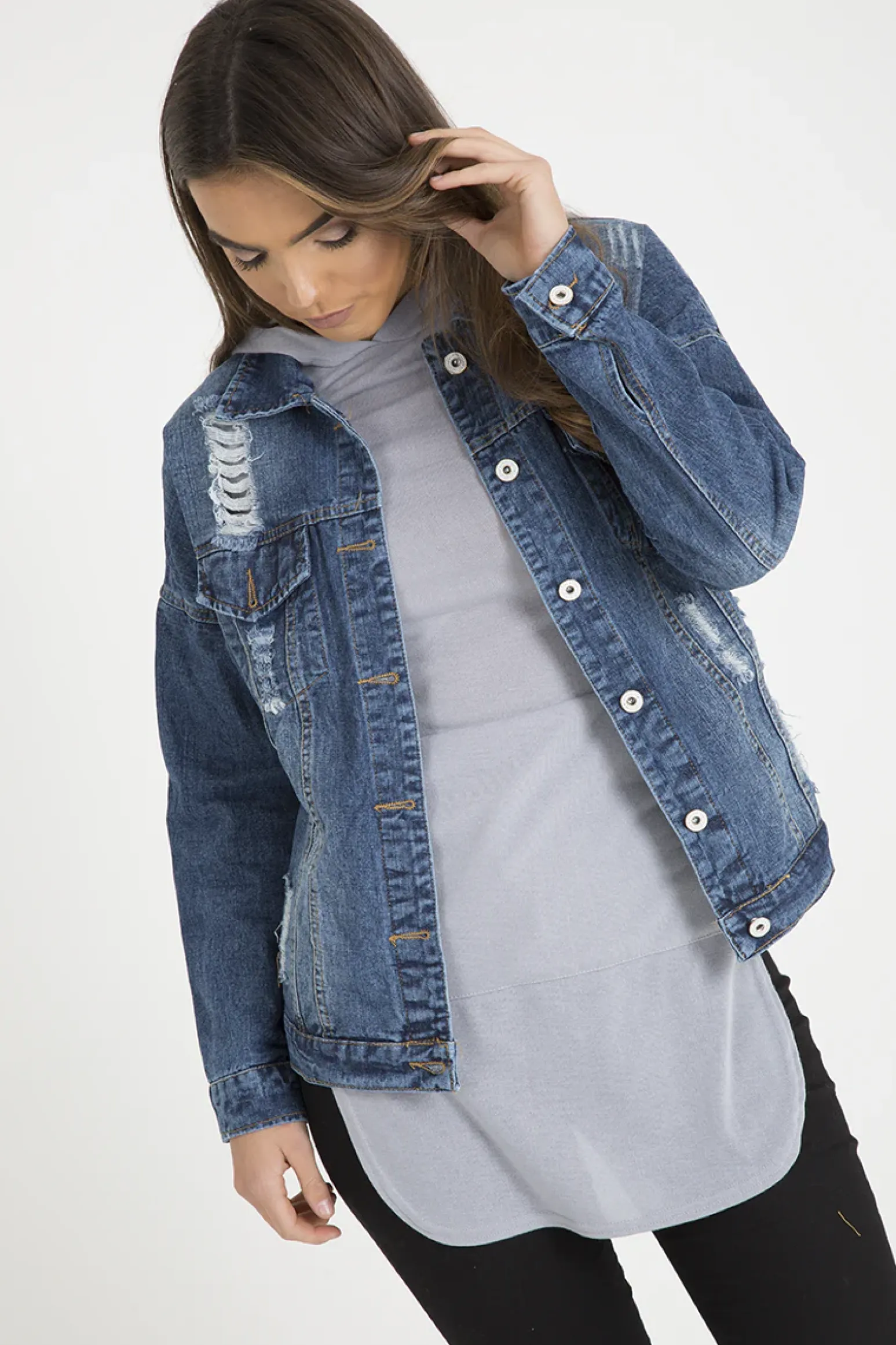 Rebellious Fashion Dark Wash Distressed Denim Jacket - Madison