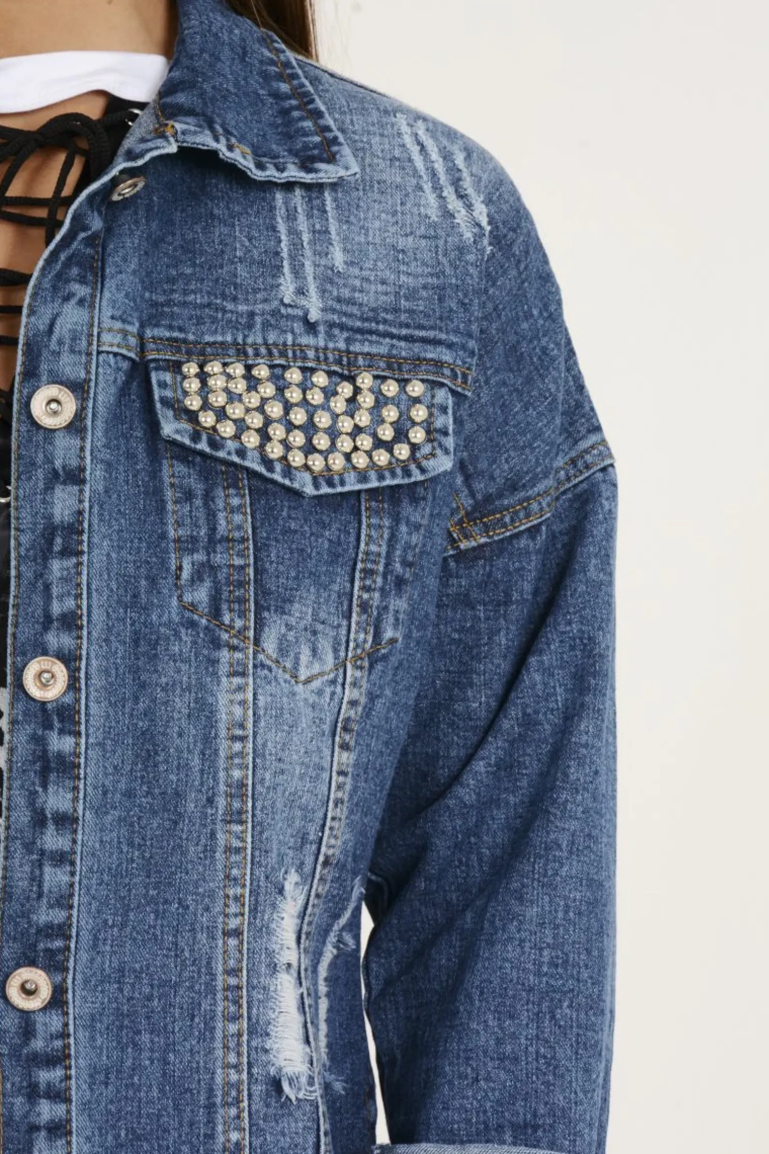 Rebellious Fashion Dark Wash Pocket Studded Distressed Oversized Denim Jacket - Huda