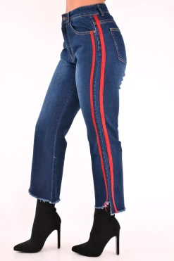 Rebellious Fashion Dark Wash Red Constrast Stripe Jeans - Kayda