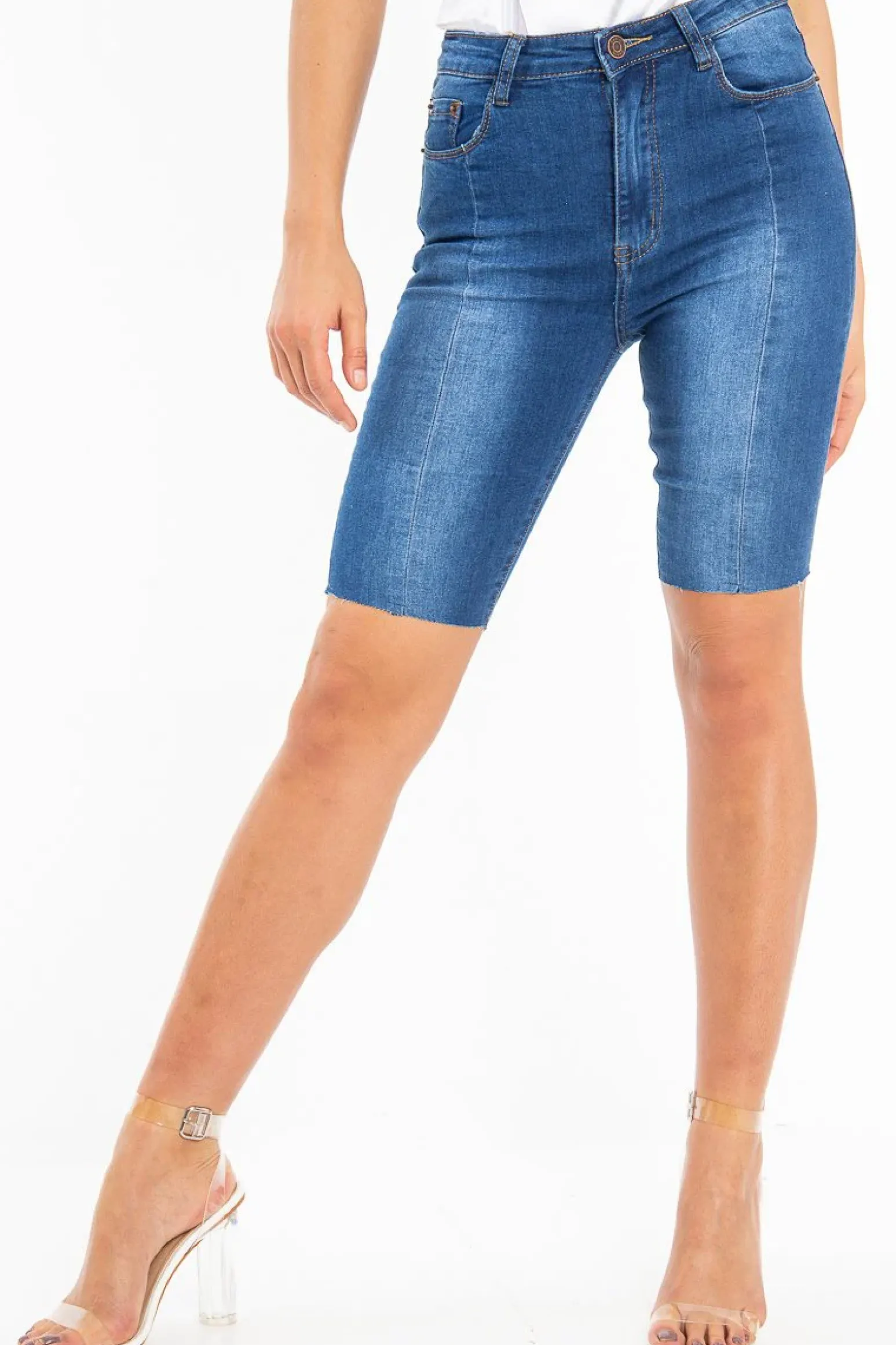 Rebellious Fashion Dark Wash Seam Front Raw Hem Denim Cycle Shorts - Kayli
