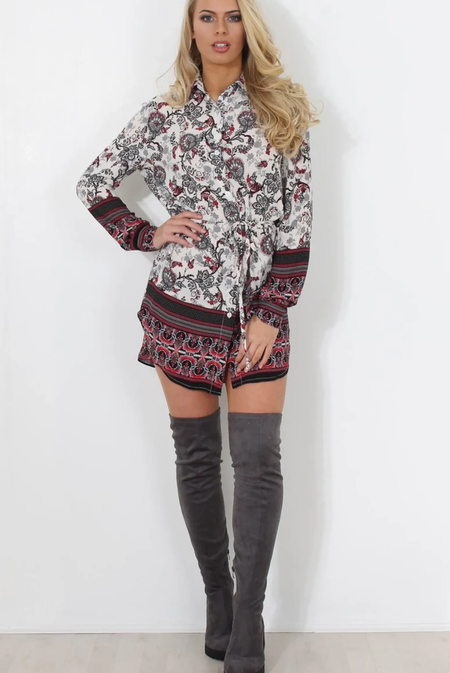 Rebellious Fashion Darla Grey Floral Shirt Dress