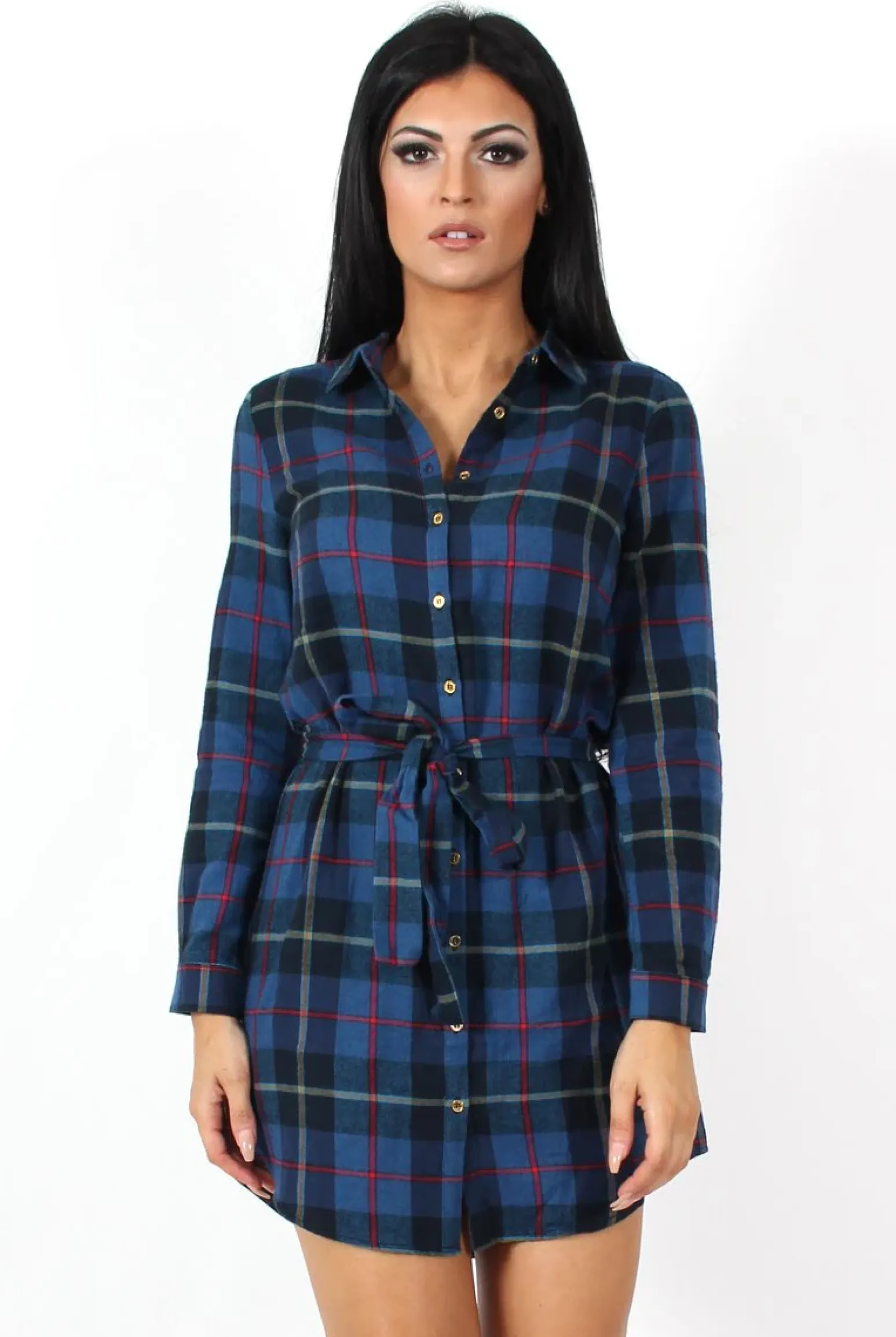 Rebellious Fashion Darla Navy Checked Shirt Dress