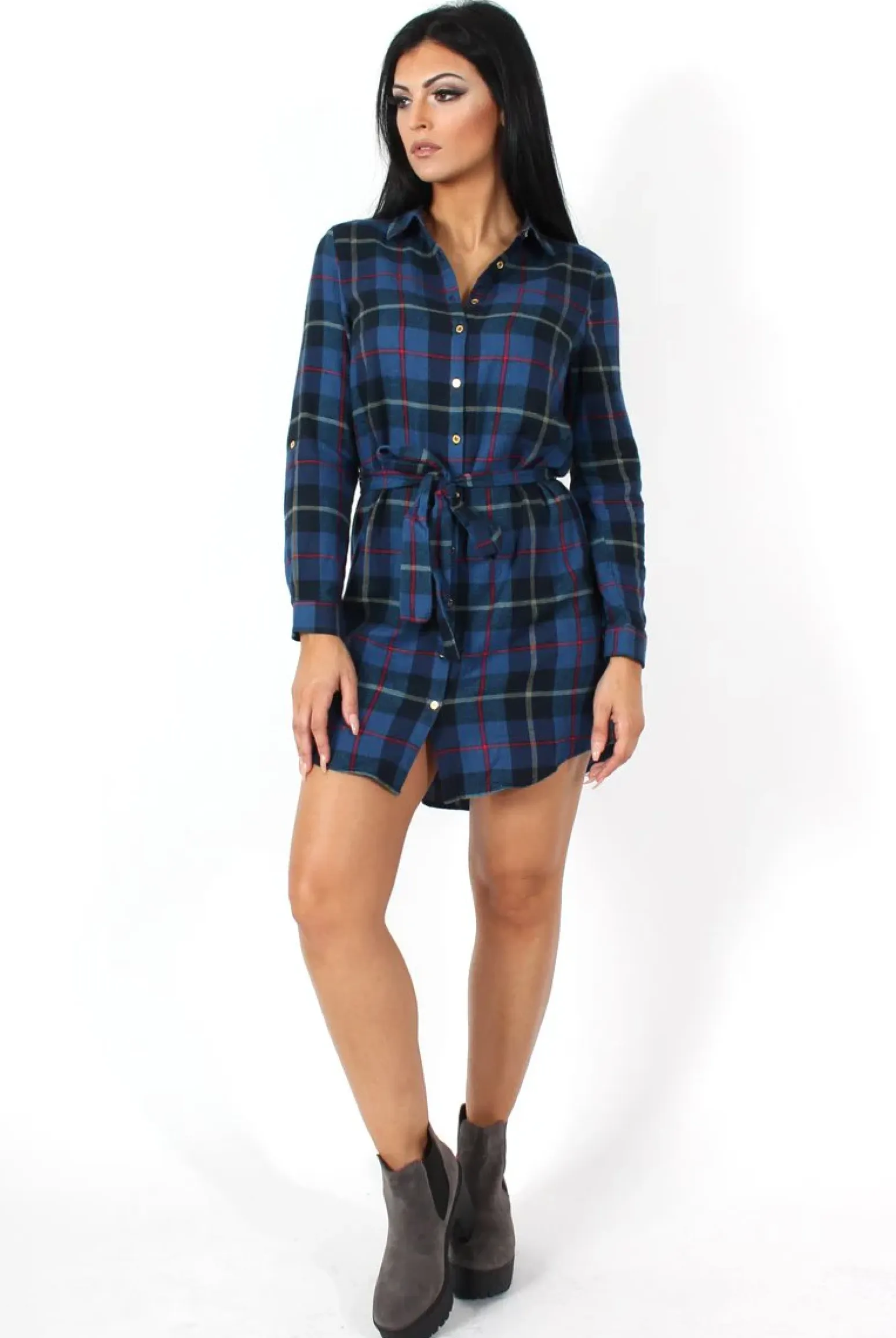 Rebellious Fashion Darla Navy Checked Shirt Dress