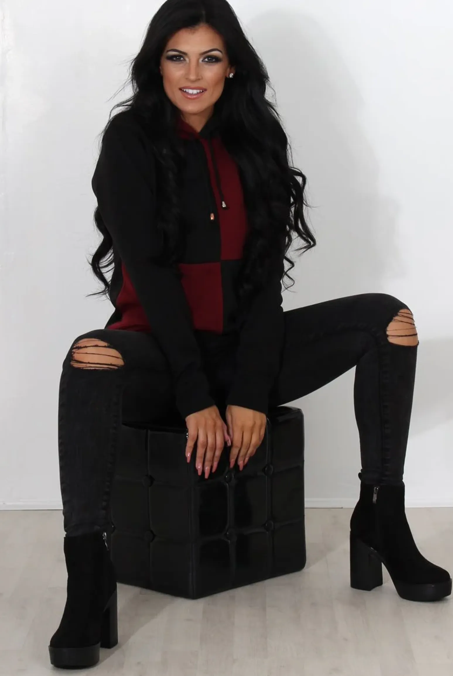 Rebellious Fashion Delora Wine Panel Hoodie