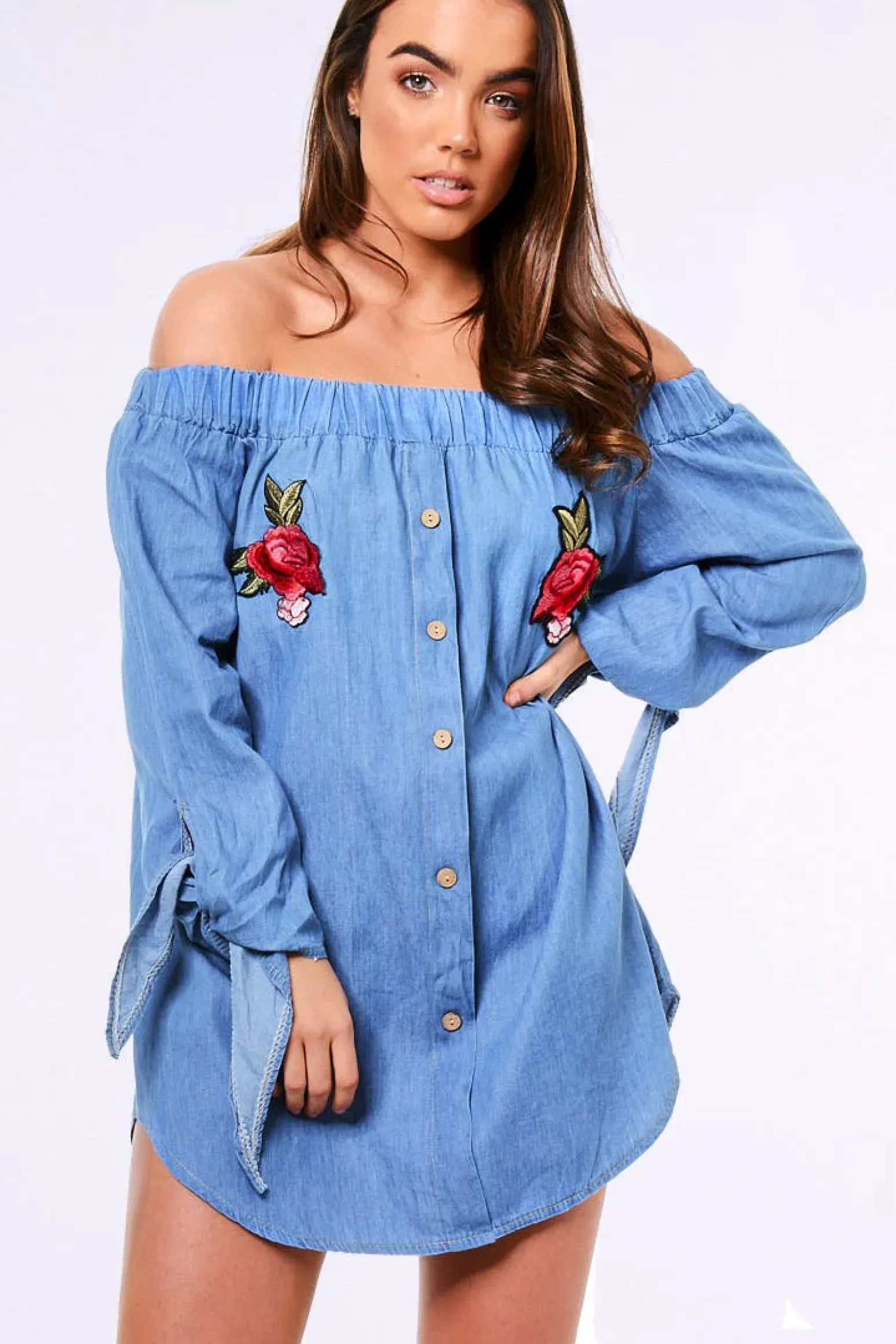 Rebellious Fashion Denim Bardot Embroidered Mini Dress - Lena
