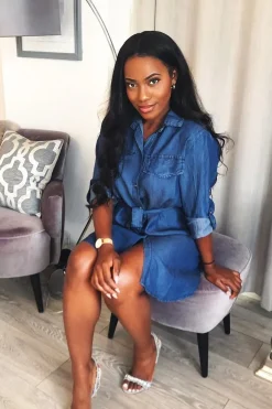 Rebellious Fashion Denim Button Down Tie Waist Shirt Dress - Delores