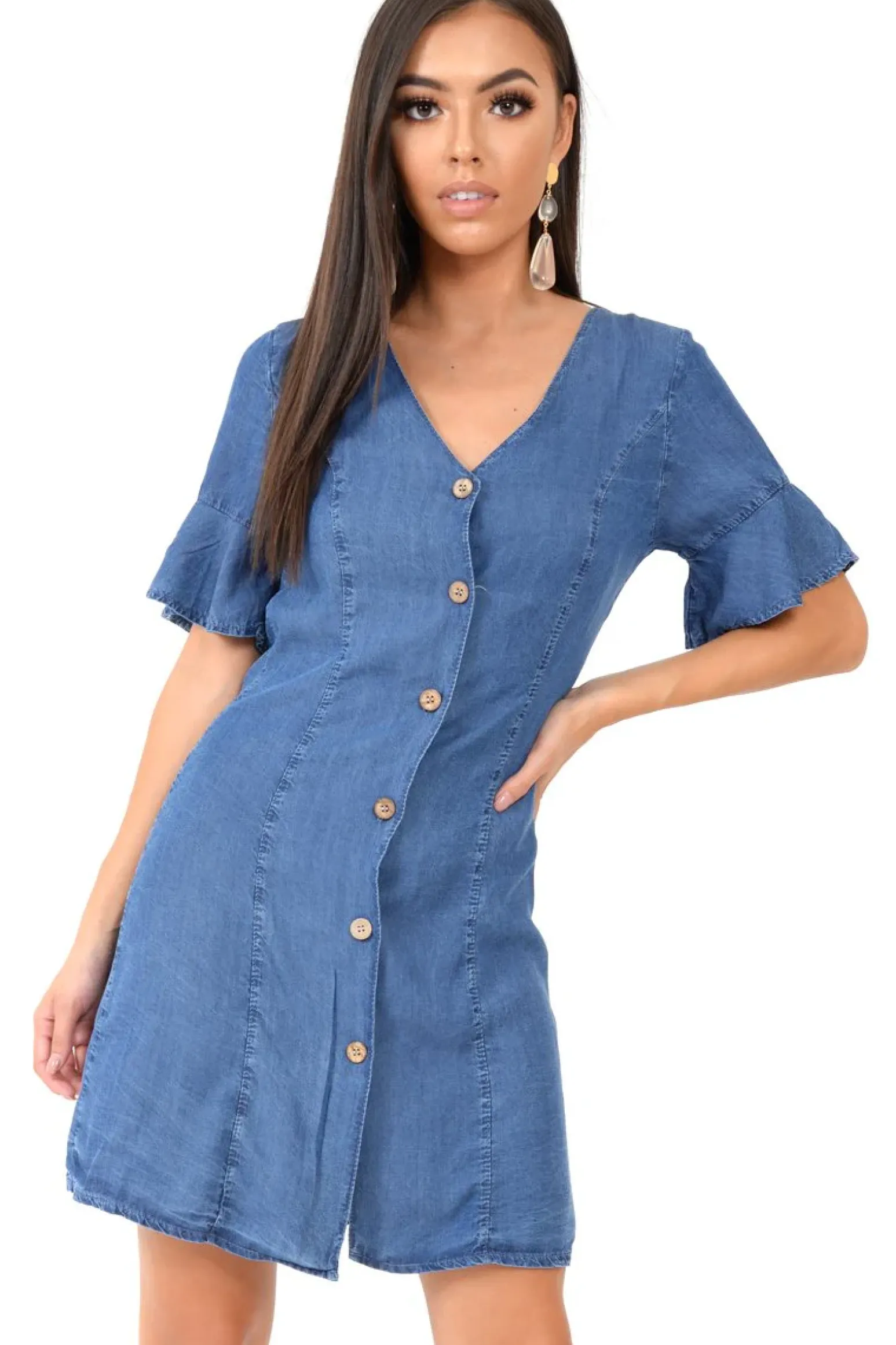 Rebellious Fashion Denim Plunge Short Sleeve Mini Shift Dress - Valeda