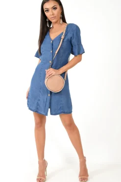 Rebellious Fashion Denim Plunge Short Sleeve Mini Shift Dress - Valeda