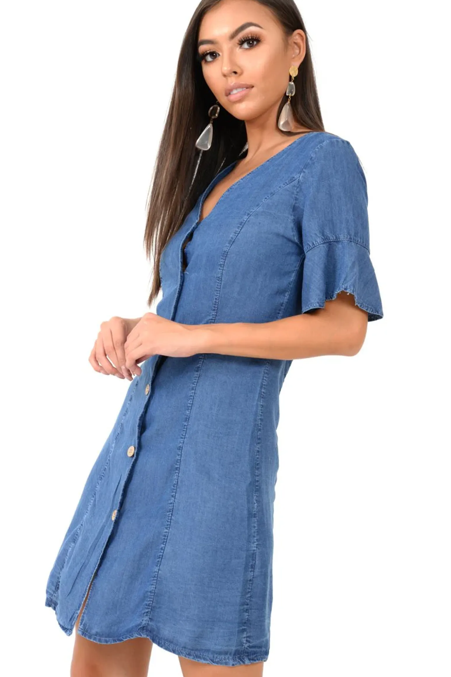 Rebellious Fashion Denim Plunge Short Sleeve Mini Shift Dress - Valeda