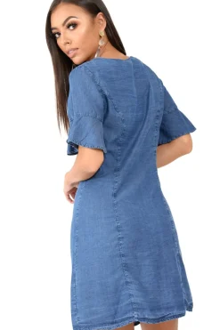 Rebellious Fashion Denim Plunge Short Sleeve Mini Shift Dress - Valeda