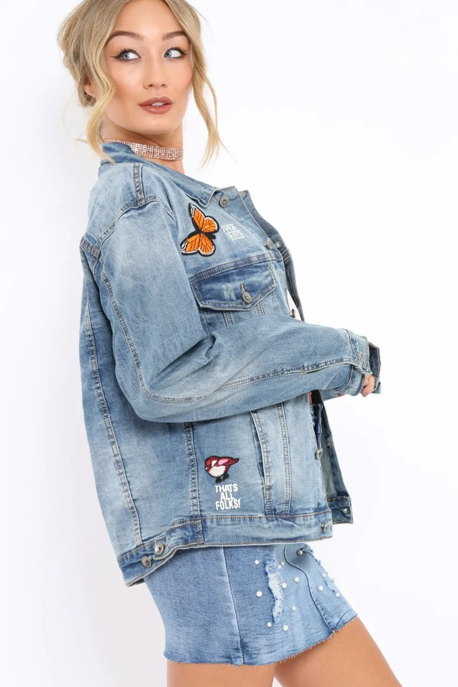 Rebellious Fashion Denim Applique and Slogan Jacket - Idia