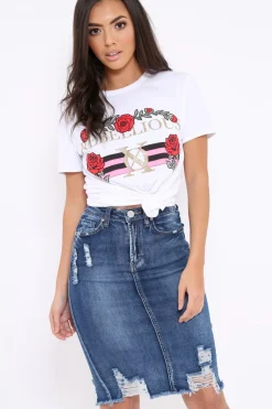 Rebellious Fashion Denim Distressed Midi Skirt - Diana